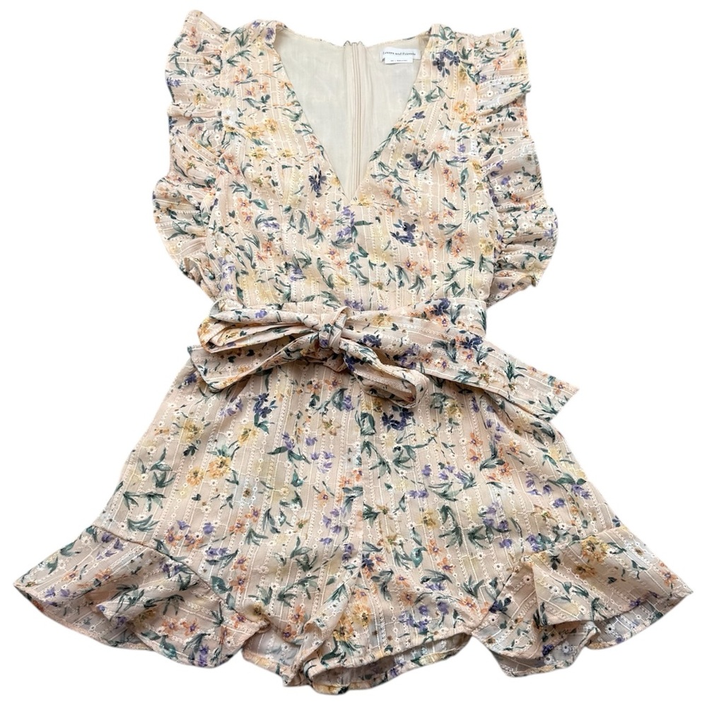 Lovers & Friends Jill Romper XXS Peach Floral Eyelet‎ Ruffle Tie Waist